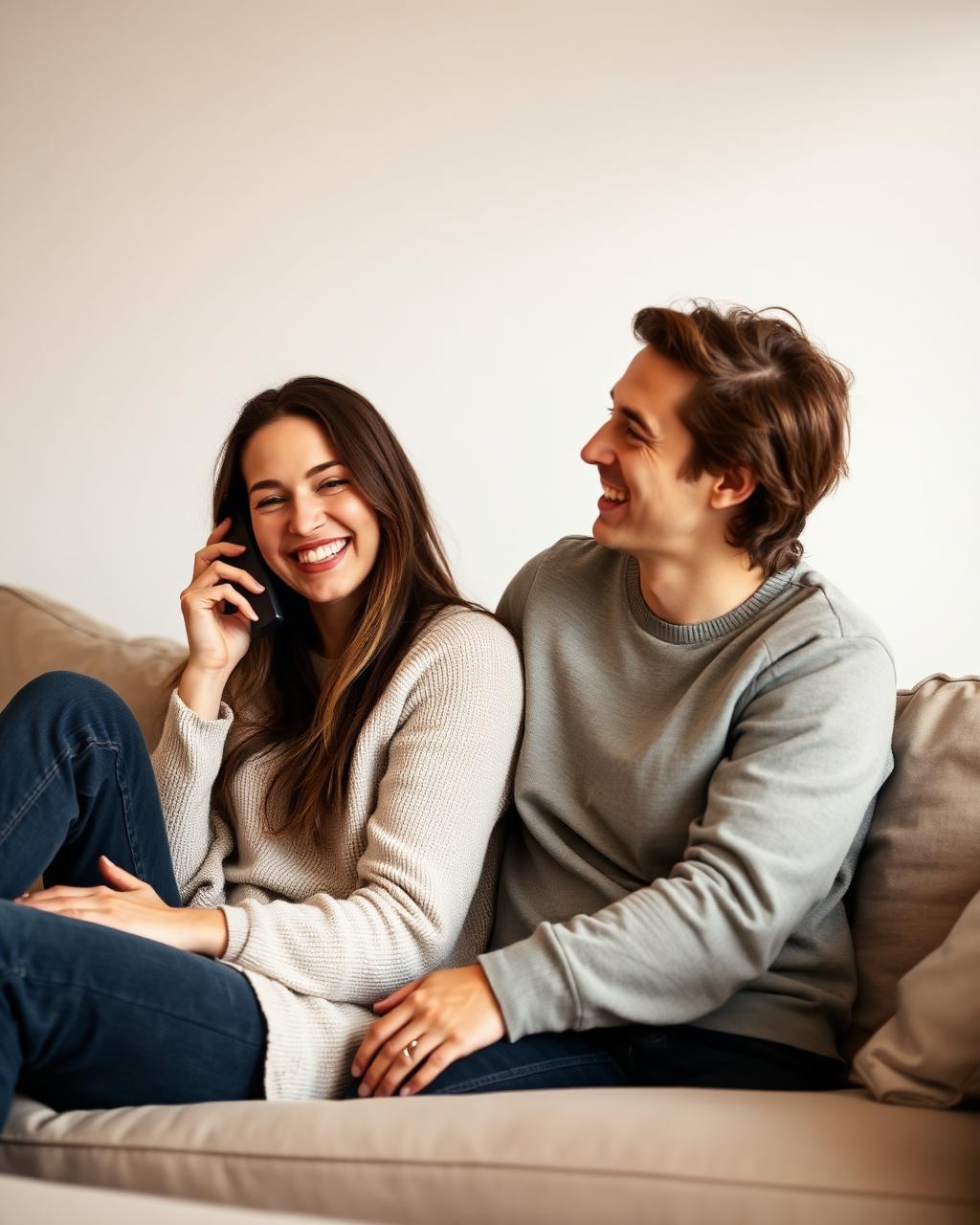 Young couple smiling while talking on phone speaker